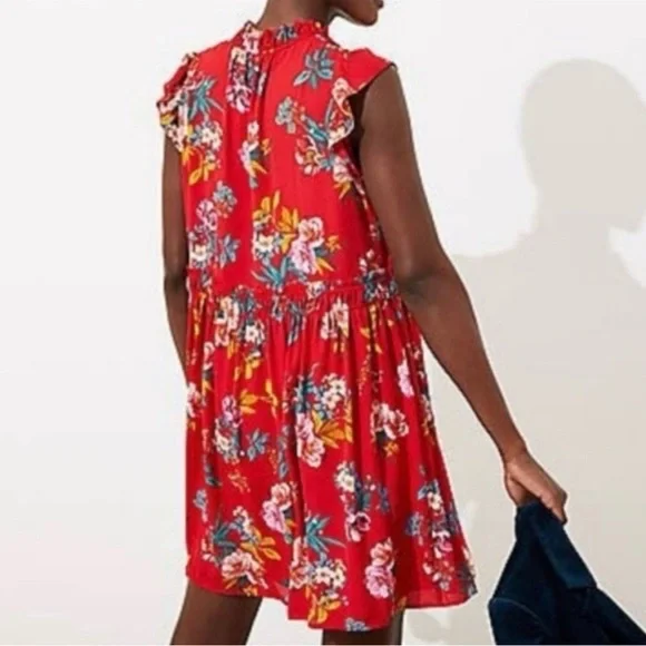 Loft red floral dress with pockets oversized xs - Picture 2 of 11